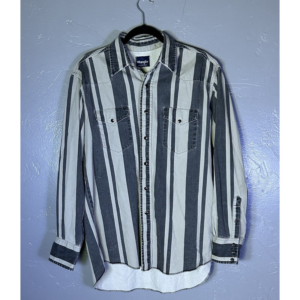 Men's vintage Wrangler grey & white striped western shirt L Snap Up Traditional
